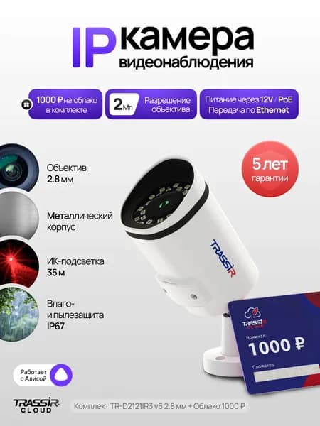 Камера видеонаблюдения уличная TRASSIR TR-D2121IR3 v6 2.8 2Мп, PoE + Облако 1000