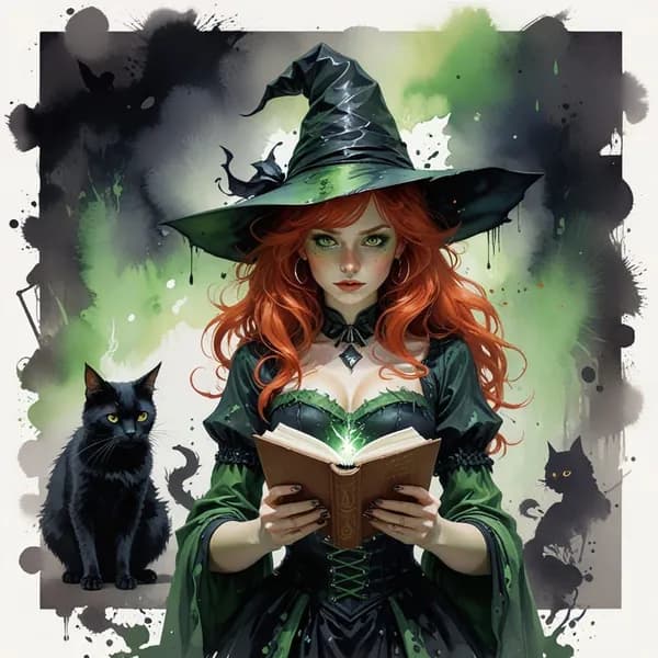 Цифровая раскраска Green Witch Grimoire с чёрной кошкой, 40 40 см, без рамки