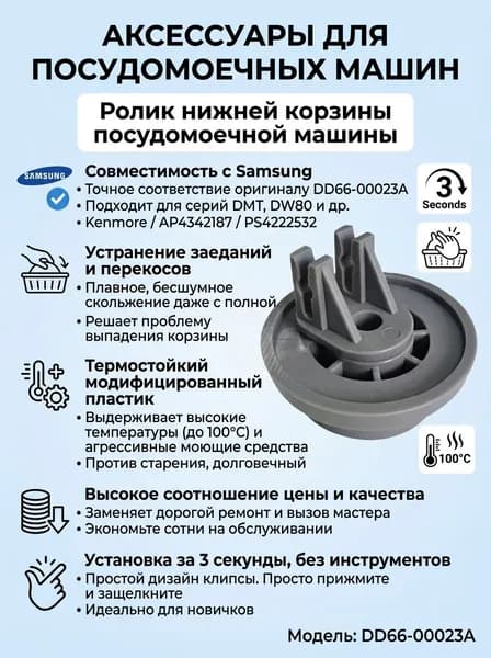 Ролики для посудомойки Бош Сименс DD66-00023A, колесики нижней корзины, запчасти для бытовой техники