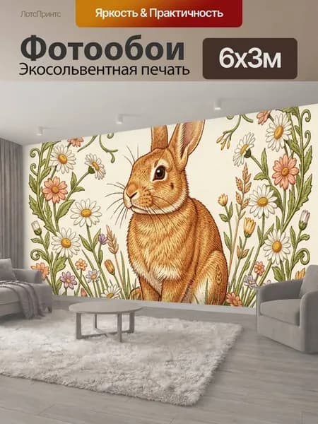 Фотообои "Кролик среди полевых цветов. Рыжий кролик." 6x3м