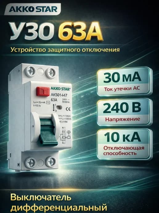 УЗО 63А 30мА AC 2P устройство защитного отключения 220 В