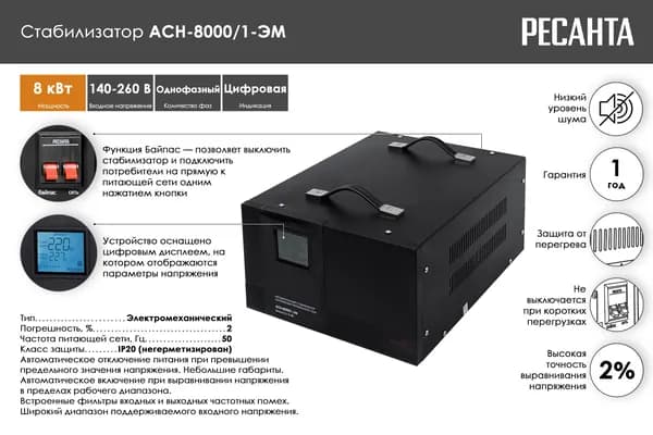 Стабилизатор Ресанта АСН- 8 000 /1-ЭМ (8 кВт)