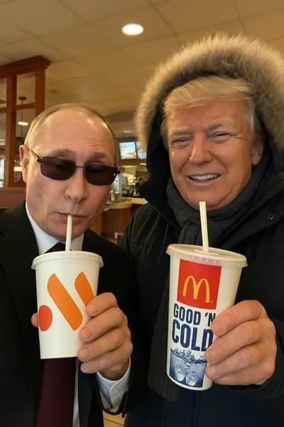 Табличка Трамп и Путин "ФастФуд Двойка", ретро стиль, металл, декор для любителя абсурда, 20х30 см.