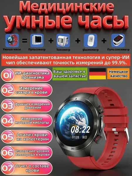 Умные часы неинвазивный глюкометр тонометр ЭКГ пульс