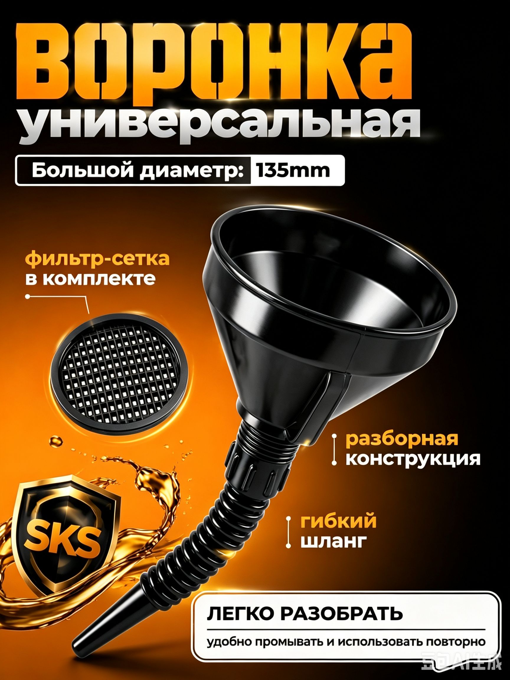 Воронка разборная с сеткой для технических жидкостей, Воронка для бензина автомобильная