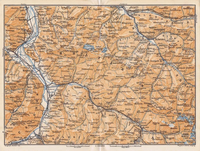 Географическая карта антикварная. Швейцария. Горный хребет Ретикон и долина Претигау. Смешанная техника. Германия, 1912 год