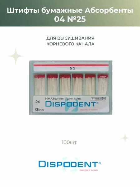Штифты эндоканальные абсорбирующиеся бумажные Dispodent 04 №25, 100шт