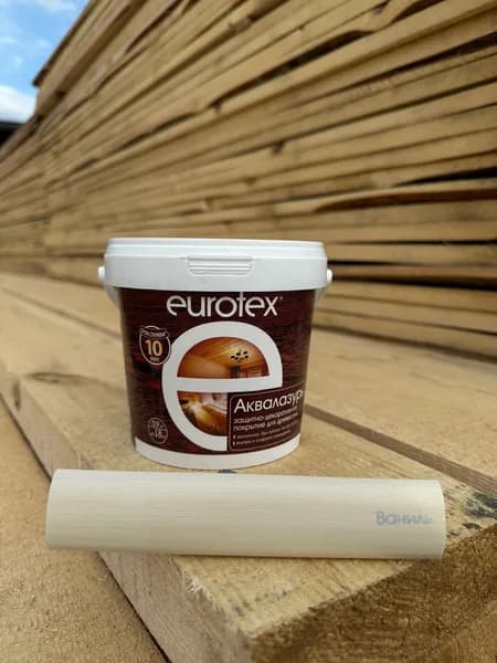 EUROTEX (ЕВРОТЕКС) Ваниль (0,9 кг) АКВАЛАЗУРЬ (лак + пропитка) БЕЗ ЗАПАХА, защитно-декоративное покрытие для древесины, ПОЛУГЛЯНЦЕВЫЙ блеск, Рогнеда