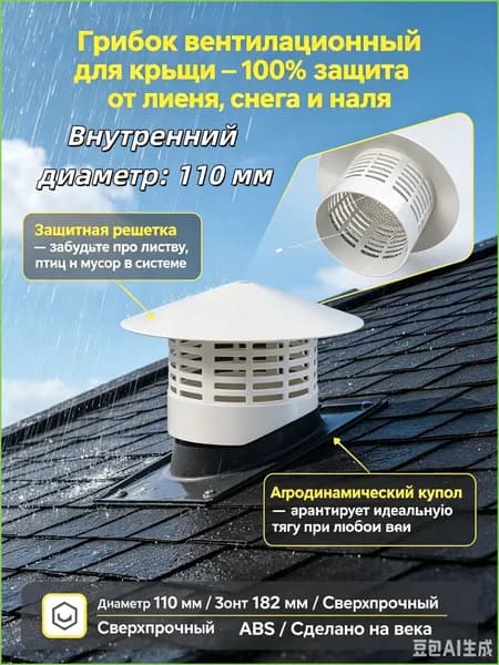 Колпак на вентиляционную трубу 110 мм, крышка-зонт для крыши и каналов - вентилируемый дефлектор грибок от дождя для фановой трубы и вытяжного дымохода