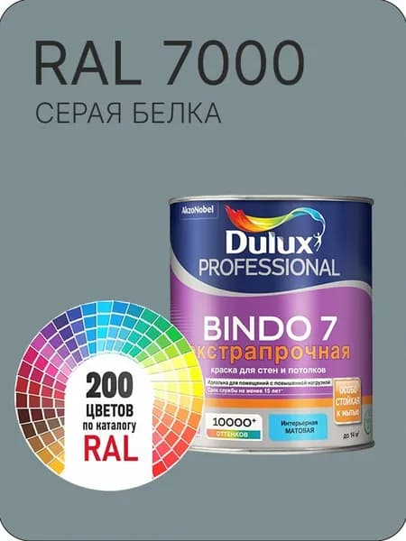 Краска для стен и потолка Dulux Professional Bindo7 экстрапрочная серая белка Ral 7000 0,9 л.