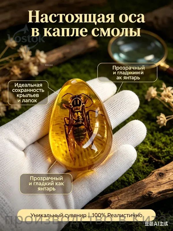 Экземпляр насекомого в смоле - настоящая оса шершень, биологический образец для коллекции, декоративный сувенир из искусственного янтаря.