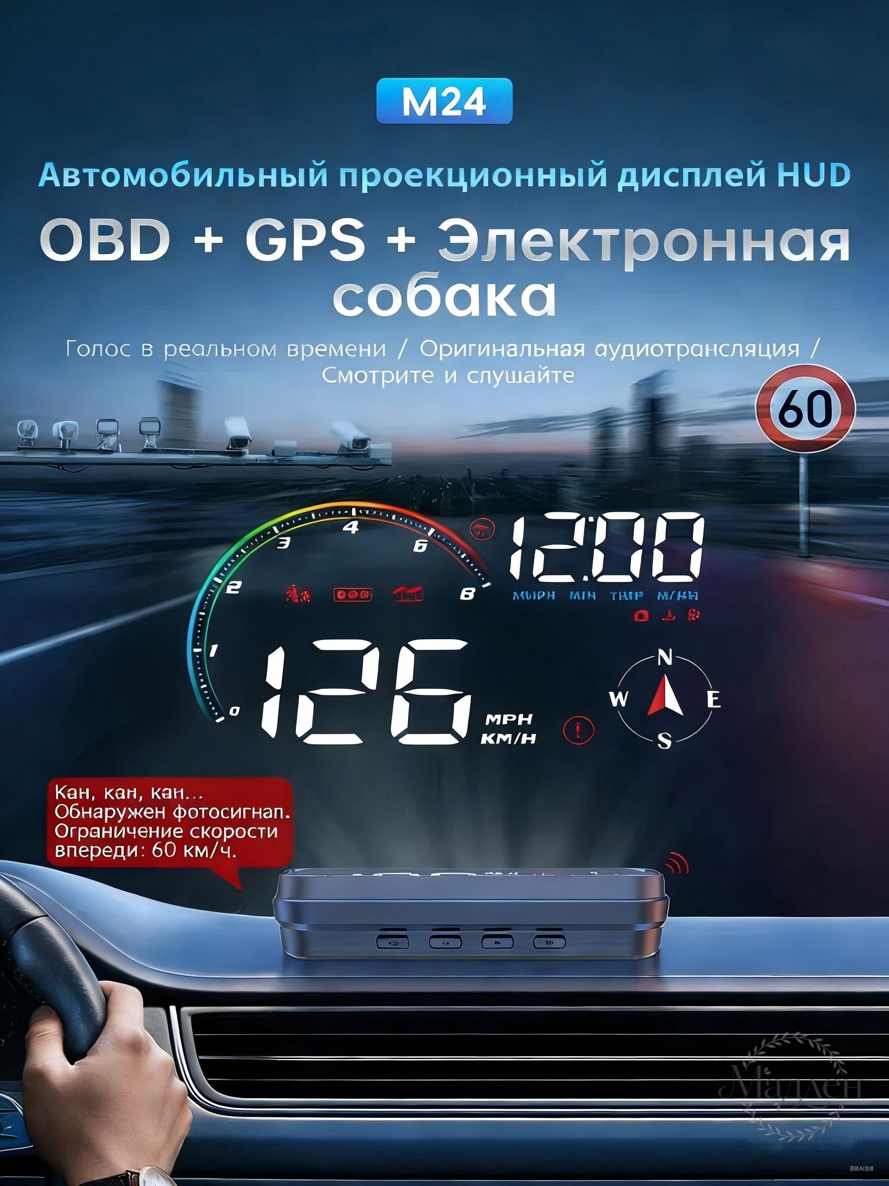 Проектор на лобовое стекло, 4.8 Вт арт. HUD/OBDIIС функцией предупреждения об электронных радарных детекторах