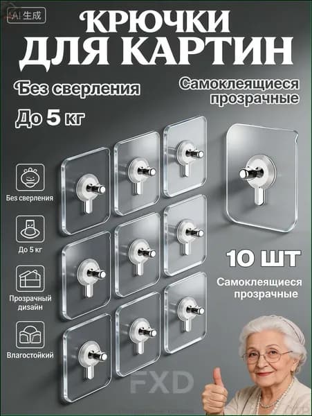 Дизайнерский крепеж для декора без сверления 10 шт. Крючки самоклеящиеся прозрачные в стиле минимализм; невидимые держатели на стену
