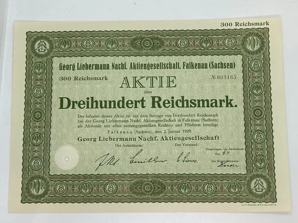 Акция Германия. Фабрика Georg Liebermann Nachf., 300 Рейхсмарок 1929 №74