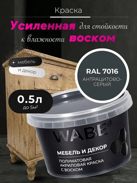 WABE, Краска для мебели и декора, База С, 0,5 л, RAL 7016, Антрацитовое-серый
