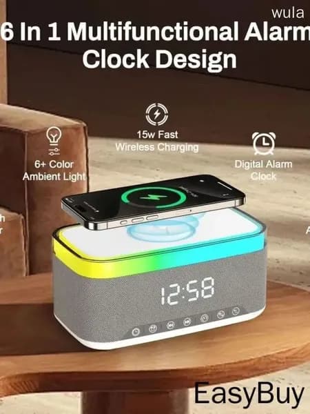 Беспроводной динамик Bluetooth, многофункциональный цифровой будильник, беспроводная зарядка, ABS-материал, 15 Вт, рассеянный свет