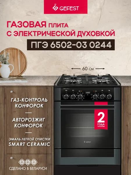 Газовая плита GEFEST 6502-03 0244 с электрической духовкой с конвекцией, 60 см, 4 конфорки, черная