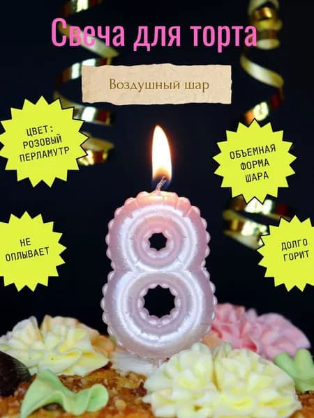 Свечи для торта цифра 8 "без запаха" 6 см х 4 см 1 шт