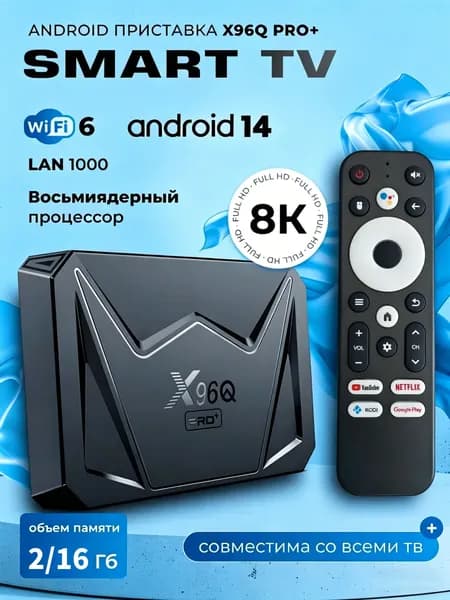 Смарт ТВ приставка X96Q Pro+ 2/16 Гб Android 14 Allwinner H728 1800МГц Smart TV Box 8K Wifi 2.4/5G WiFi 6 Ethernet 10/100/1000