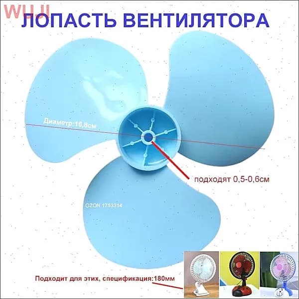 Лопасть вентилятора (крыльчатка) 16.8 см, универсальная для маленьких настольных вентиляторов 180 мм, синяя