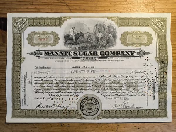 Облигация Сахарной Компании Manati. 1943 г.