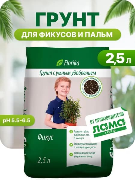 Грунт для фикуса и пальм, земля для комнатных растений, с удобрением, Florika 2,5 л