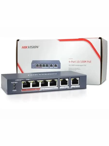 HIKVISION DS-3E0106P-E/M 4 RJ45, коммутатор PoE, с грозозащитой 6кВ, 2 Uplink 100М, бюджет PoE 35Вт