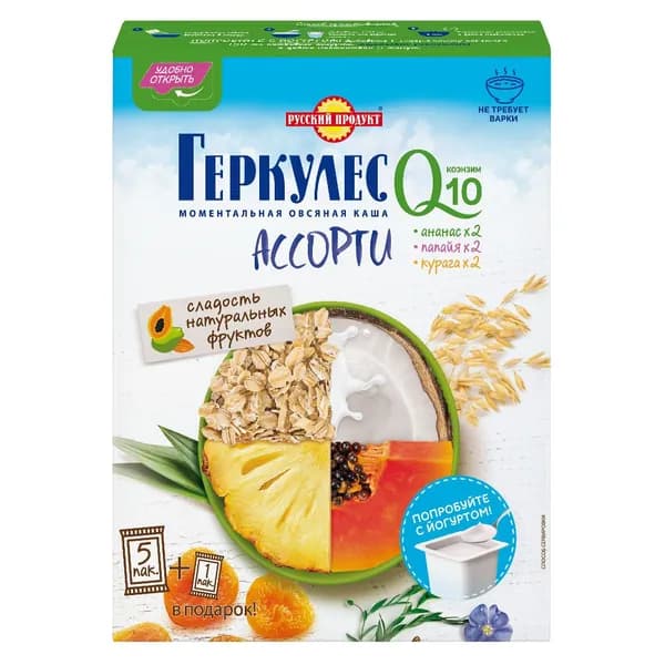 Овсяная каша быстрого приготовления Геркулес Ассорти ананас, курага, папайя, Q10, 240 г