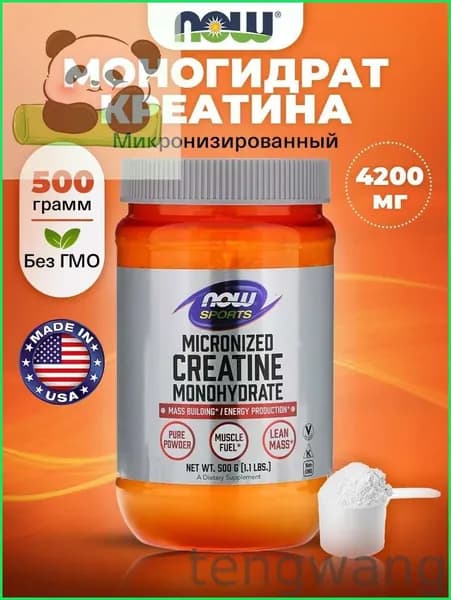 NOW Sports, Micronized Creatine Monohydrate, Микронизированный креатин моногидрат, чистый порошок 500г тонкоизмельченный, Спортивное питание для набора мышечной массы и восстановления