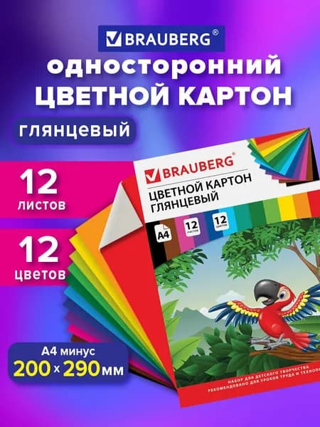 Картон цветной формата А4 для творчества / оформления А4 мелованный глянцевый, 12 листов 12 цветов, в папке, Brauberg, 200х290 мм, Килиманджаро