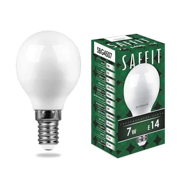 Лампа светодиодная Е14 мощность 7W цвет 6400K дневной белый свет SAFFIT SBG4507 55123 Упаковка 1 штука