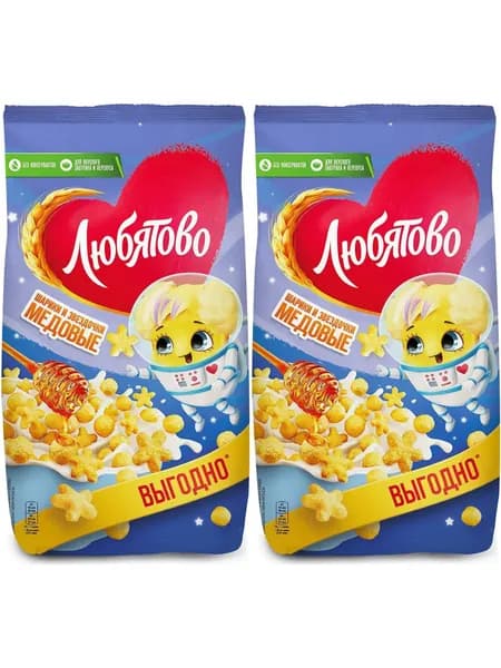 Сухой завтрак Любятово Медовые шарики и звездочки 420 г, набор: 2 штуки