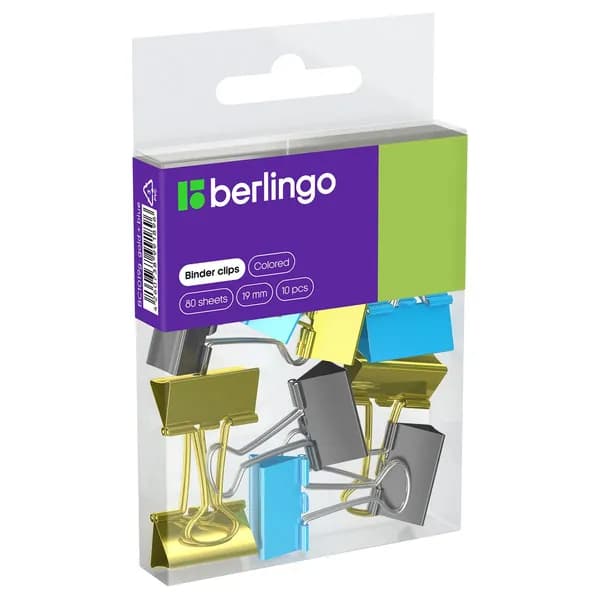 Зажимы для бумаг 19мм, Berlingo, 10шт., цветные, ПВХ упак., европодвес, голубой+золотой (BC1019g)