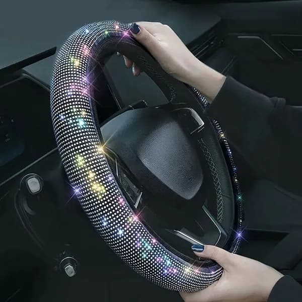 1 * Автомобильный эластичный чехол для рулевого колеса с горячим сверлением, женский с бриллиантами и цветными на черном фоне, 38 см