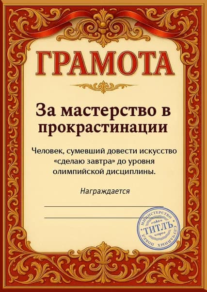 Прикольная грамота, диплом для подруги - за мастерство в прокрастинации