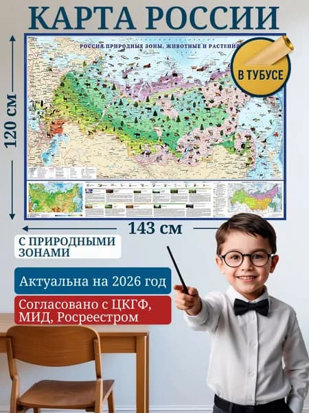 Карта России настенная большая 143х102 см, карта России детская с природными зонами