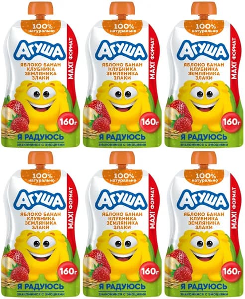 Агуша Пюре фруктовое детское Яблоко, банан, клубника, земляника и злаки, 160 г, 6 шт