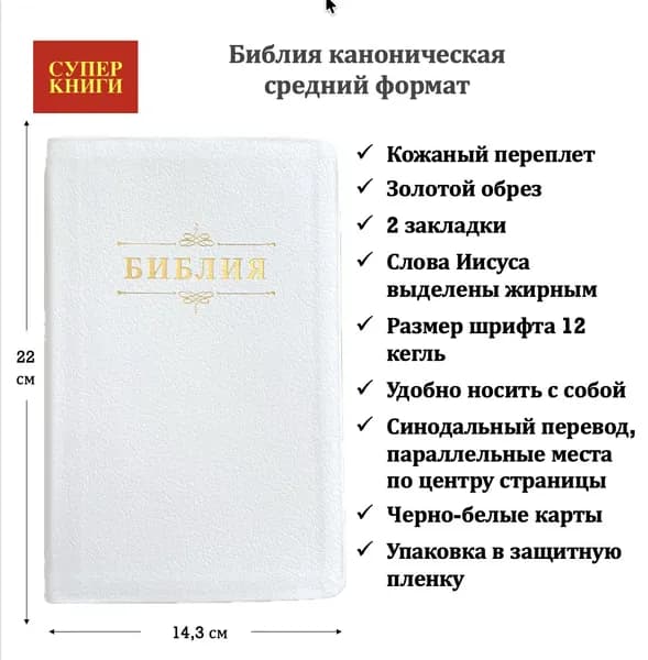 Библия 055 код 26055-17. Дизайн надпись "Библия", кожаный переплет, цвет белый пятнистый, средний формат, 143*218 мм