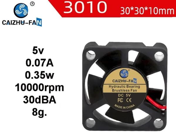 Вентилятор 3010 CAIZHU-FAN 5v 0.07A 0.35w 30dBA 10000rpm 30x30x10мм, Cable 26см 2pin, FC684