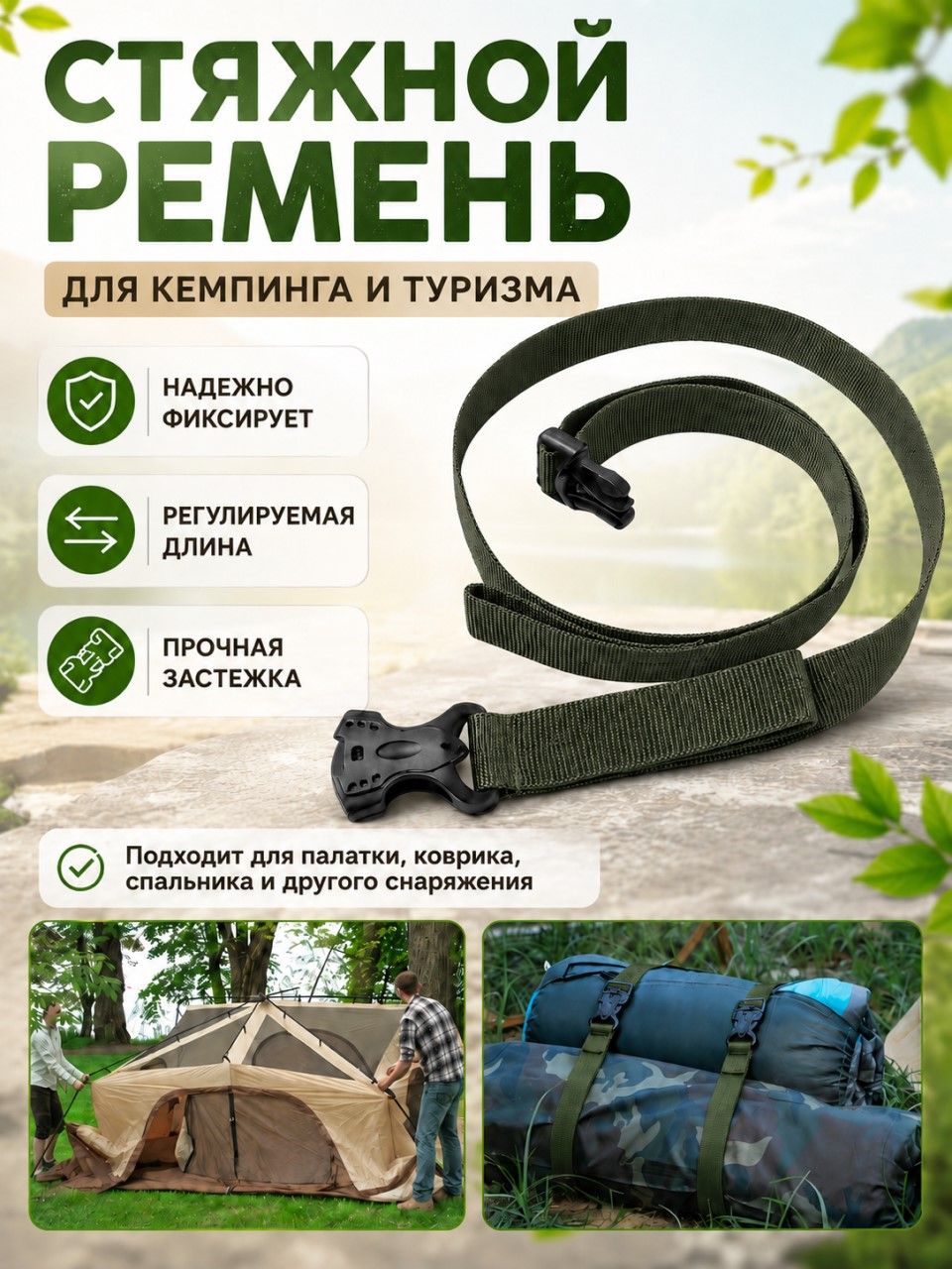 Ремень стяжной для палатки, коврика и спальника, туристический крепежный ремень