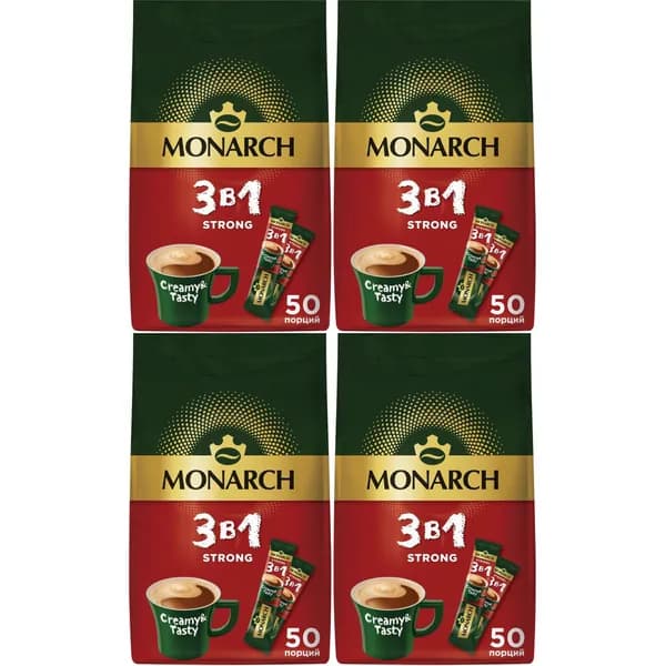 Кофейный напиток Monarch Strong 3 в 1 растворимый 13 г х 50 шт, набор: 4 штуки