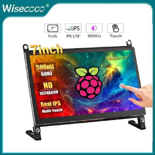 Wisecoco Пиксельный экран 7" сенсорный монитор для Raspberry Pi HDMI IPS 1024 x 600 Мини ЖК-дисплей для RPI Pi 5/4B/3B 2 Zero  B+ Windows Driver-Free, шоколадный