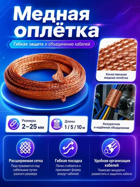 Медная плетёная оплётка 2 мм 1 м, гибкая экранирующая оболочка для кабеля