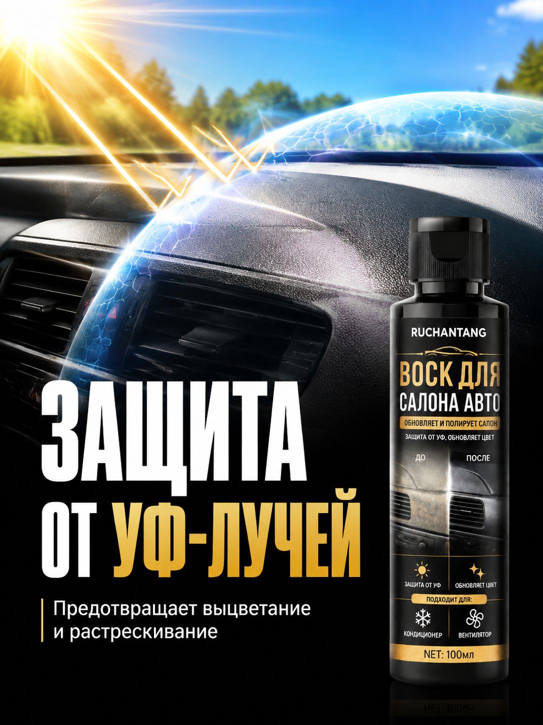 Универсальный воск для ухода за салоном авто RUCHANTANG 100 мл, подходит для кожи, пластика, винила, восстанавливает потускневшие детали