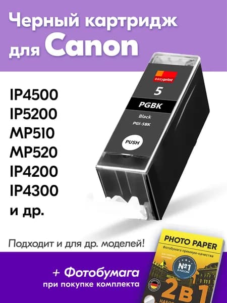 Картридж для Canon PGI-5BK, Canon PIXMA iP4500 iP5200 MP510 MP520 iP4200 с чернилами (с краской) для струйного принтера Пигментный-Черный Pigment-Black, увеличенный объем, заправляемый