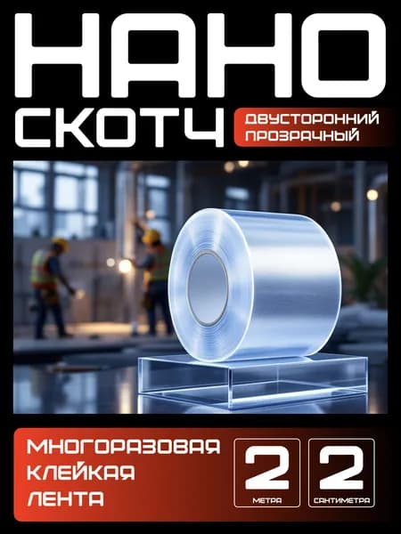 2м-2см Нано скотч многоразовый двусторонний прозрачный. Клейкий силиконовый скотч для ремонта, монтажа, крепления.