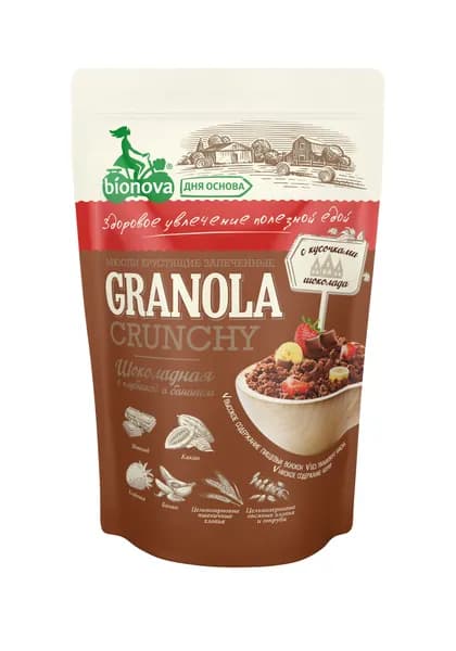 Гранола BIONOVA Мюсли Бионова Crunchy Шоколадные с Клубникой и Бананом 400 гр