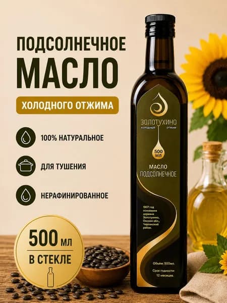 Подсолнечное нерафинированное масло Золотухино высшего сорта холодного отжима в стеклянной бутылке 500 мл для заправки салатов и тушения