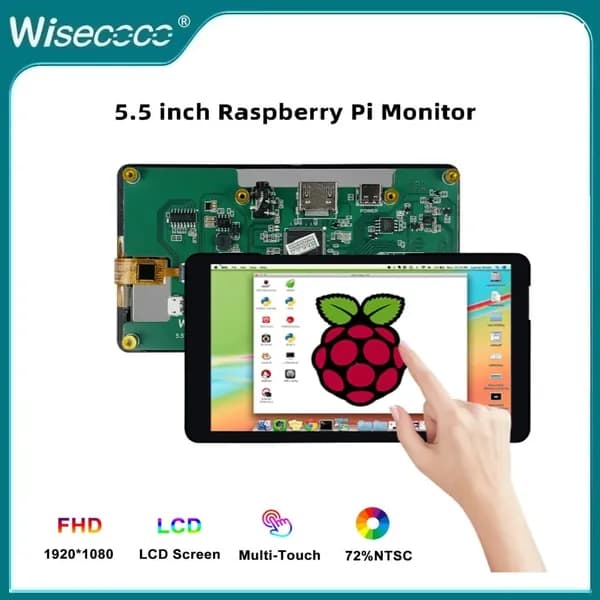 Wisecoco Пиксельный экран Монитор 5.5" IPS Touchscreen, 1920x1080, для Raspberry Pi 5/4/3B/B+, ПК, TV BOX, GAME BOX, USB-C/HDMI, 5-точечный тач, driver free, черный матовый