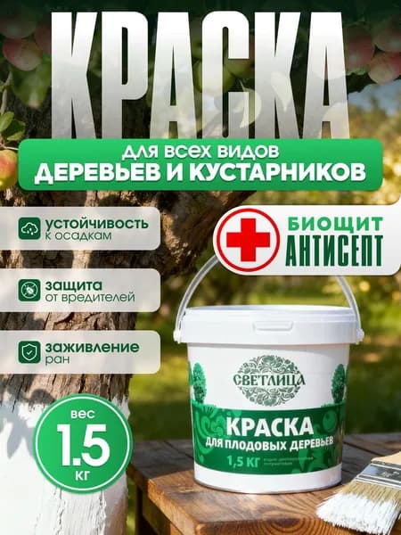 Краска побелка для садовых деревьев Светлица 1,5 кг, с антибактериальными добавками для защиты коры от болезней